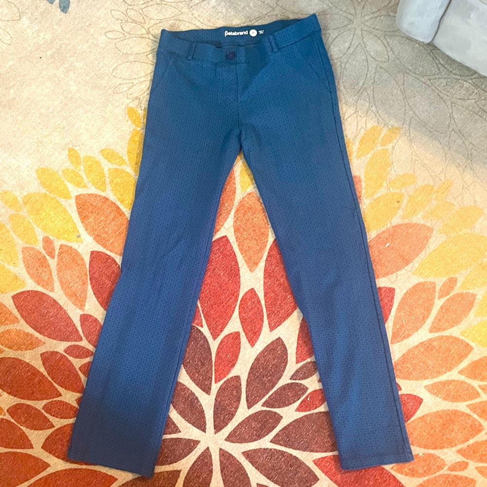 Stretch yoga pocketless dress work pants in teal with pattern